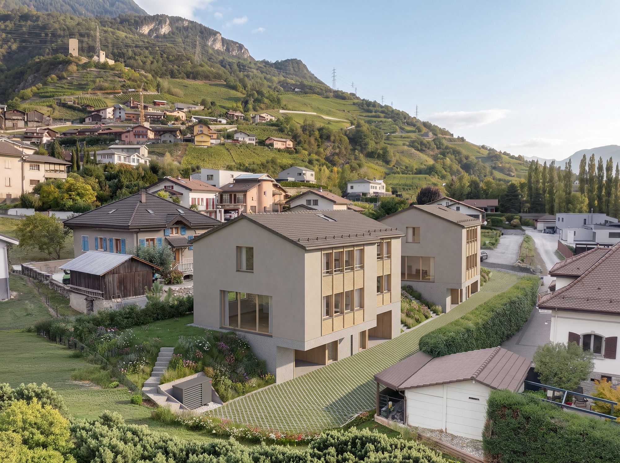Une maison du Coteau du Liarey côté jardin et vue aérienne du projet dans le coteau de Saxon